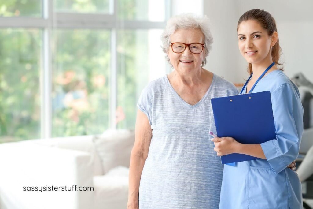 a young nurse and a senior citizen discuss the many benefits of moving to a senior living facility.