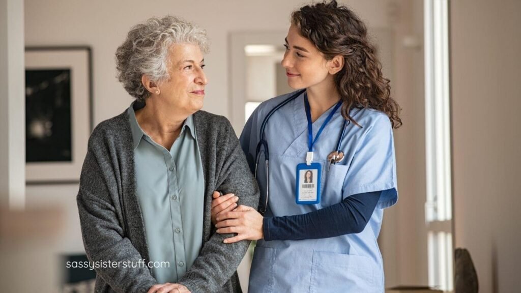 a nursing home nurse walks with a female patient.
