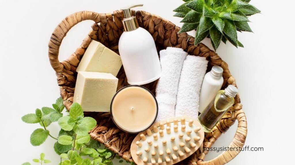 top view of a self-care gift basket.