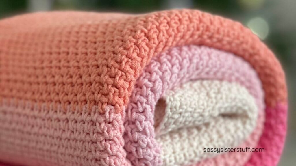 a hand-crocheted blanket in white and shades of pink.
