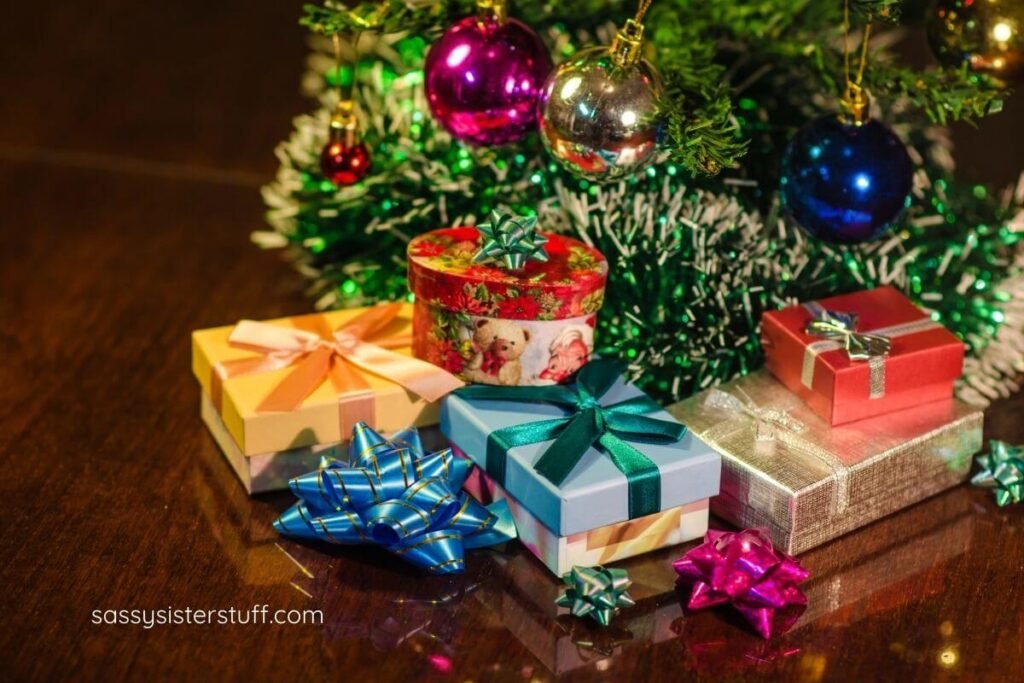 Christmas gifts for elderly parents under the tree.