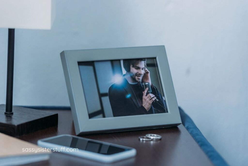 A digital photo frame sitting on a desk.