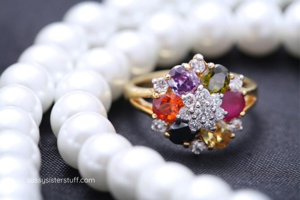 close up of family birthstone ring.