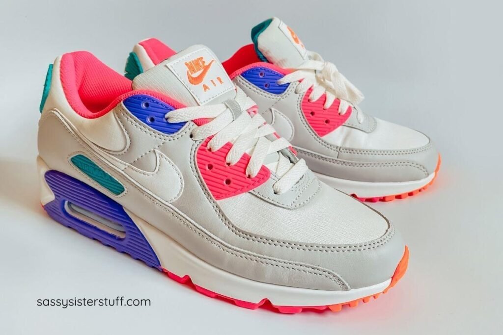 close up off supportive footwear with pink and purple accents.