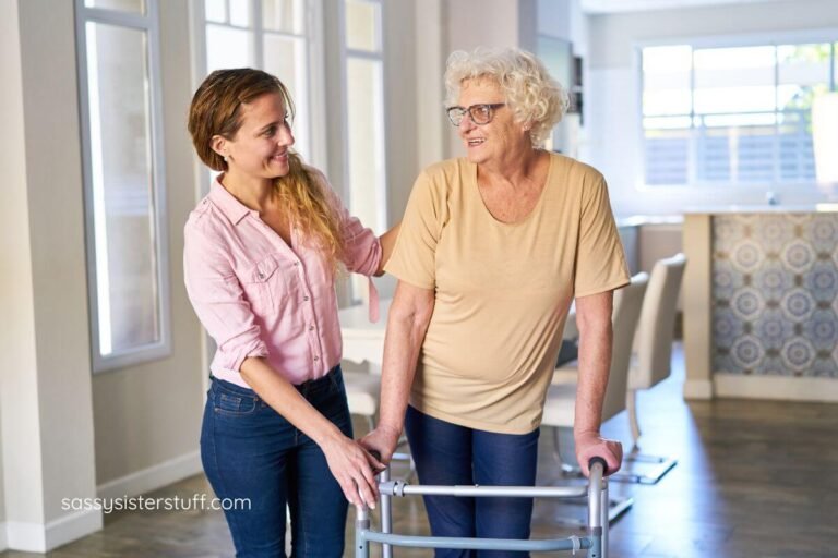 adult daughter helps her senior mother learn to use a walker.