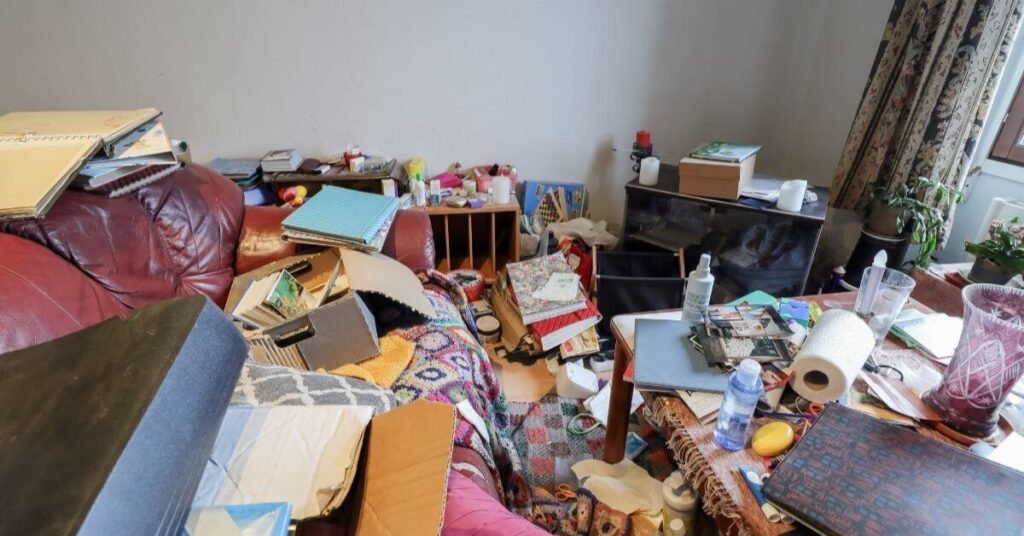 messy room in a home with trash and clutter thrown everywhere showing red flags that point to hoarding behavior.