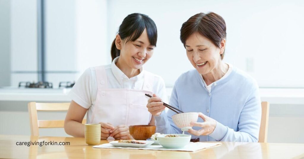 young adult becoming a family caregiver for her mom as they enjoy breakfast together.