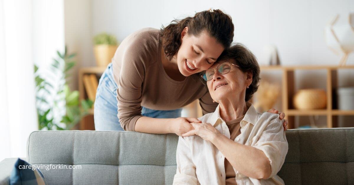 a young woman hugs her mom as part of becoming a family caregiver for her mom.