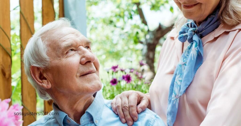 close up of a husband and wife looking at each other on a crisp spring morning.