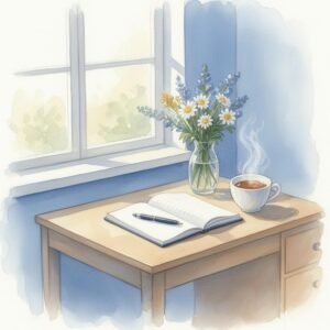 water color painting of a desk with a journal, pen, vase of pretty flowers, and cup of coffee on it.