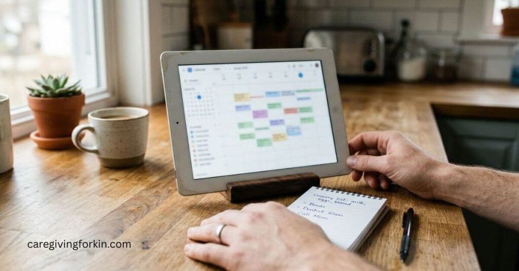 an extra digital tablet that the family uses to stay organized sits on a kitchen counter.