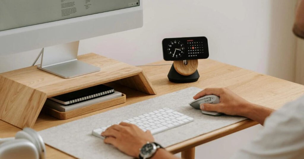 a man sits at a simple home desk where the family keeps schedules organized.