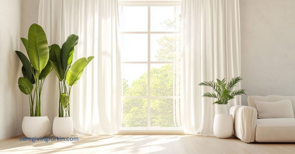 curtains pulled back so sunshine can come in the room and large plants are sitting on each side of the window for simple home upgrades that support healthy aging.