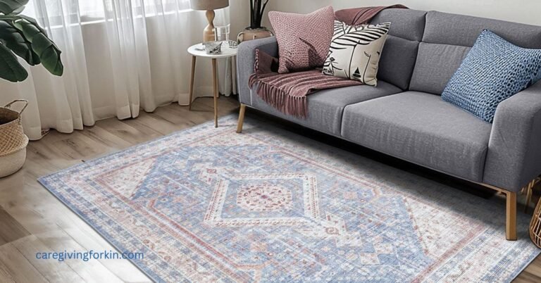 area rug on a living room floor that is securely tucked under the sofa for safety.