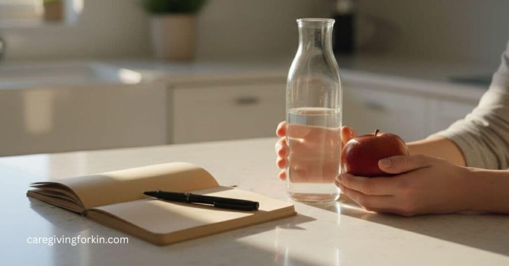 close up of a woman leaning on a kitchen island with a bottle of water and an apple in her hands for self-care for caregivers.