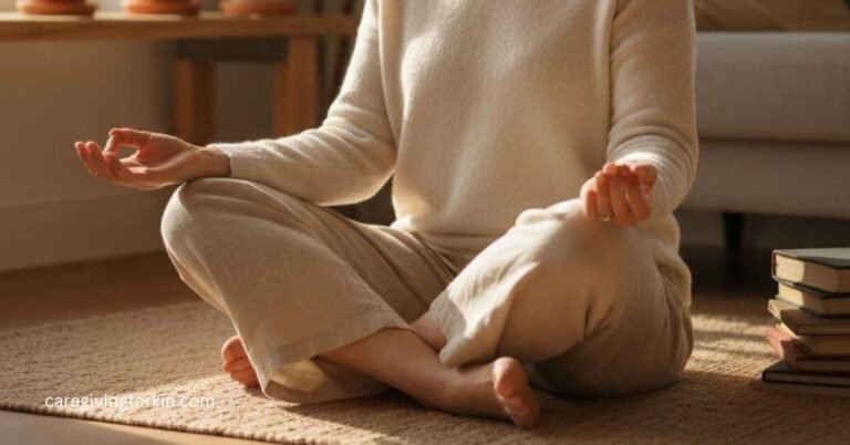 closeup of a woman sitting on the floor in a yoga pose for self-care for caregivers.