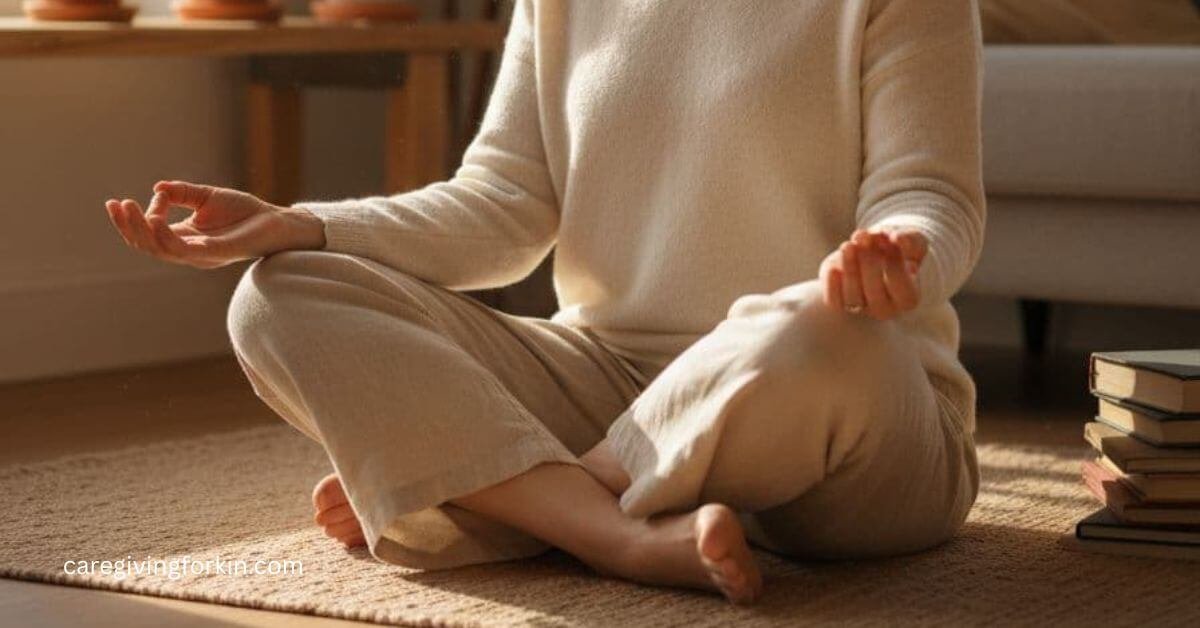 closeup of a woman sitting on the floor in a yoga pose for self-care for caregivers.