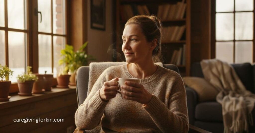 caregiver relaxing and looking out the window for a few minutes with a cup of tea.