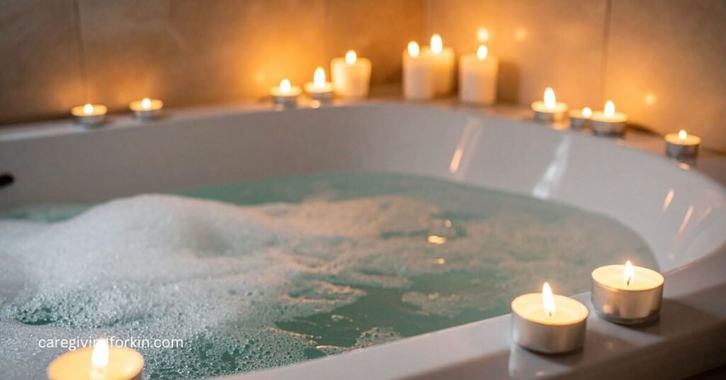 a large bathtub with a bubble bath and candles around the edge for self-care for caregivers.