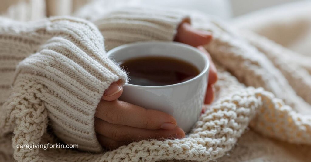 a close-up of a woman's hands holding a cup of tea and an afghan on her lap.