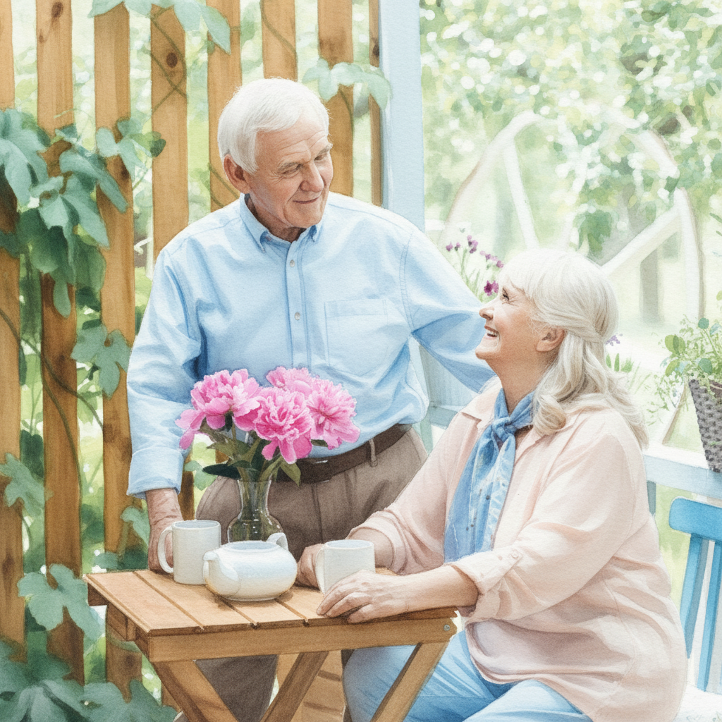 elderly husband and wife enjoy tea together in their garden while the take care of each other.
