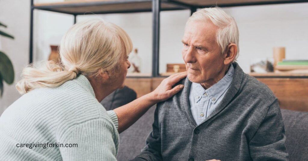 a wife tries to comfort her husband because evenings can be hard for people with dementia.