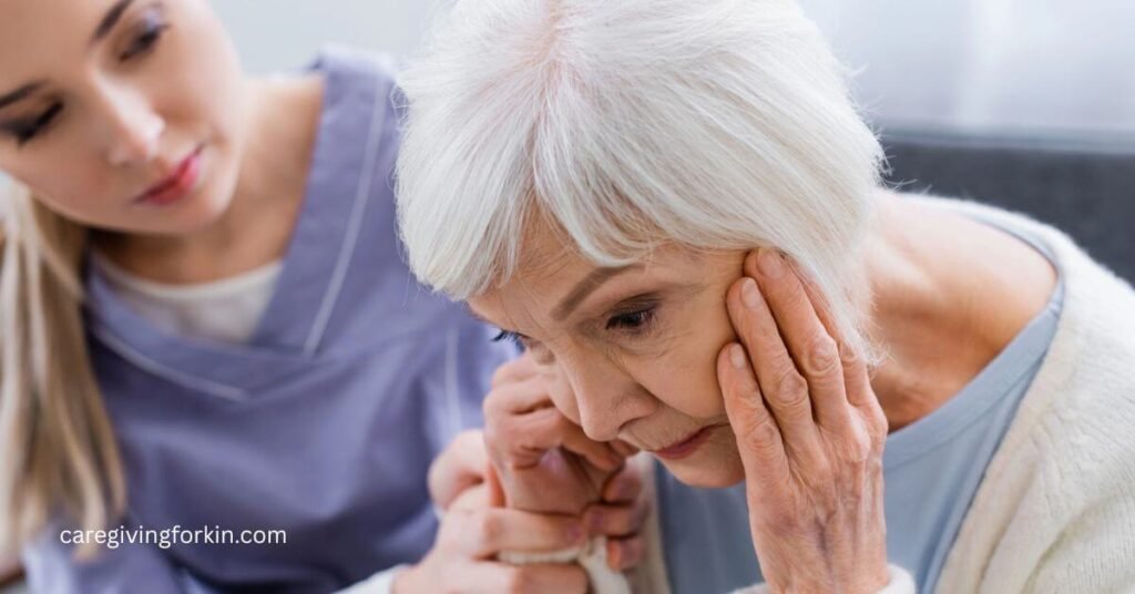 an adult daughter comforts her mom with dementia.
