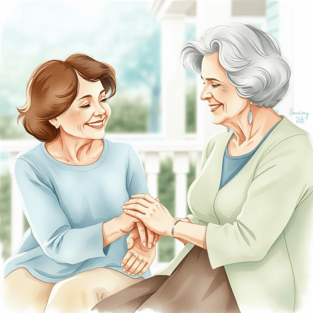 an illustration of two women gently and lovingly holding hands while sitting on the front porch.