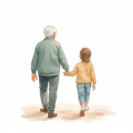 watercolor painting of a granddad and child walking together.