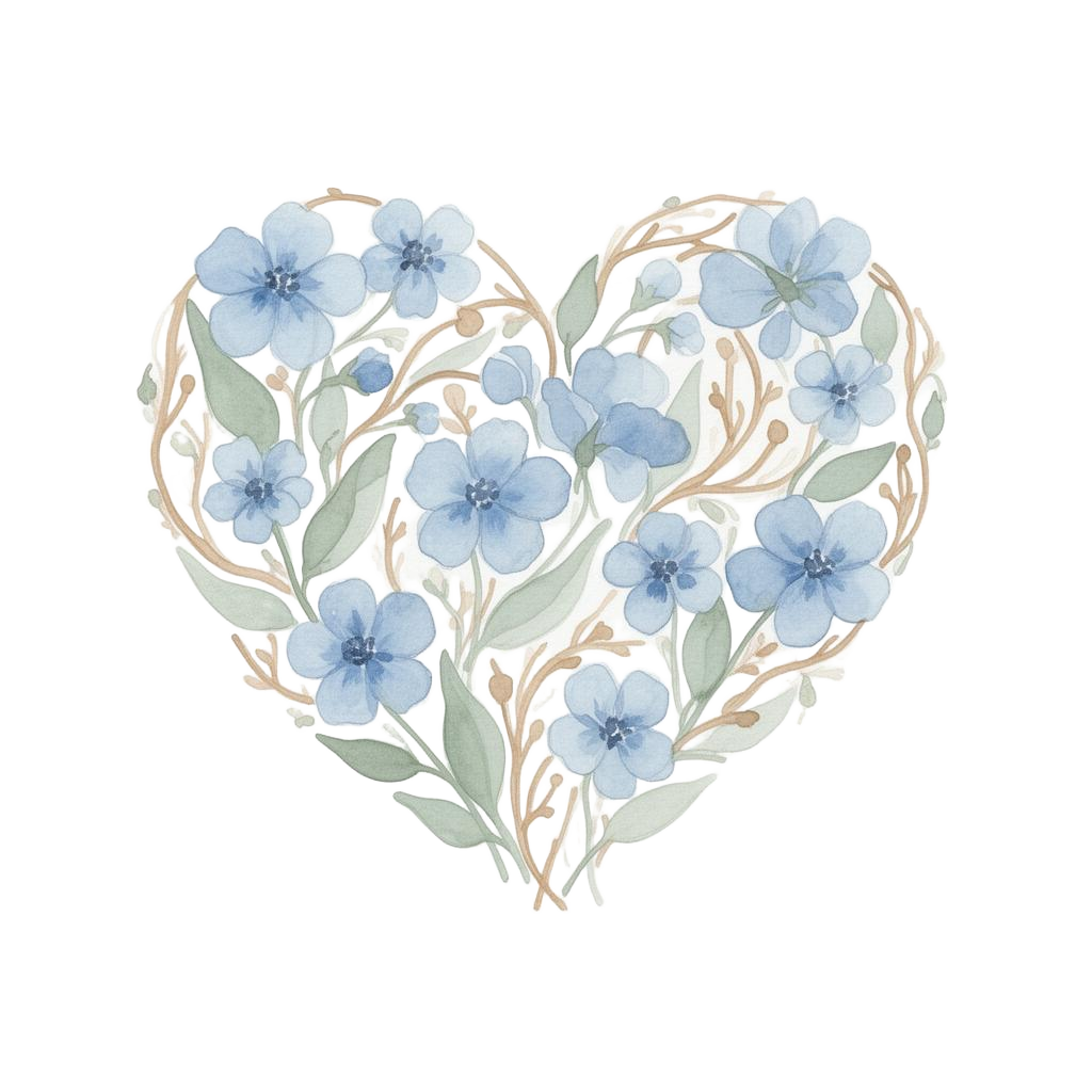 a watercolor heart made with blue flowers and green vines for a caregiving heart:)
