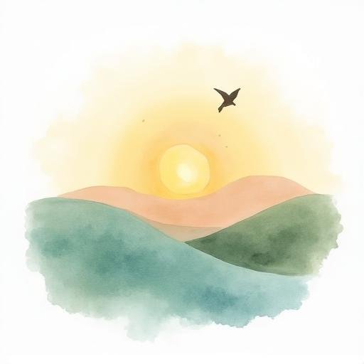 watercolor mountains, sun, and a blackbird flying in the sky.