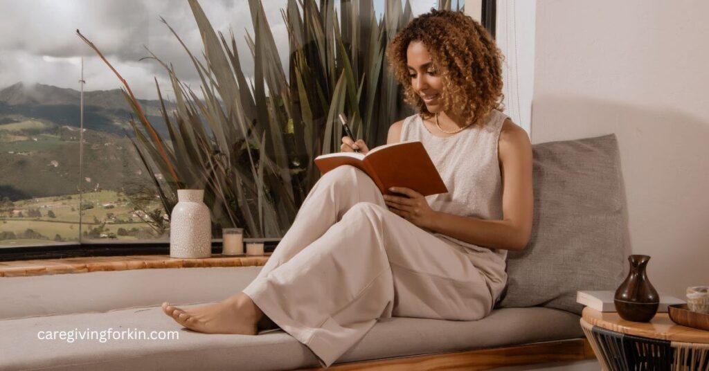 woman sitting in front of a window writing in a journal, using one tip from 21 Ways to Care for Yourself While Caring for Someone Else.