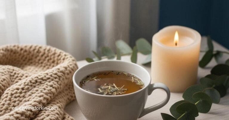 close up of herbal tea, a lit candle, and a blanket, one of 21 Ways to Care for Yourself While Caring for Someone Else.