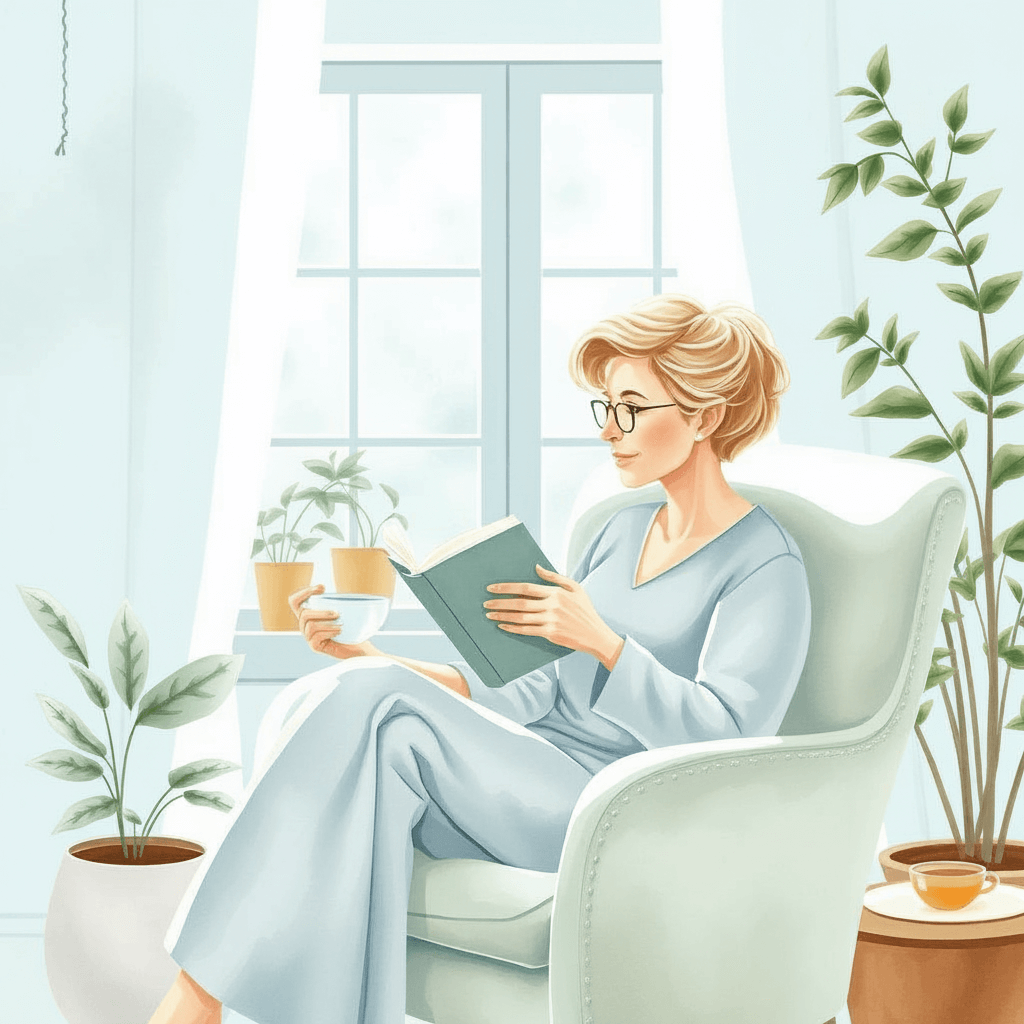 an illustration of a midlife woman reading a book about caregiving and self-care.