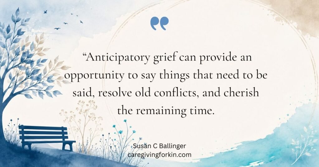 anticipatory grief quote on calming tan and blue background.