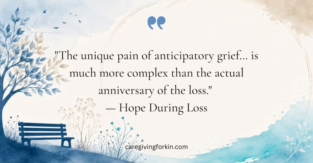 anticipatory grief quote on calming tan and blue background.