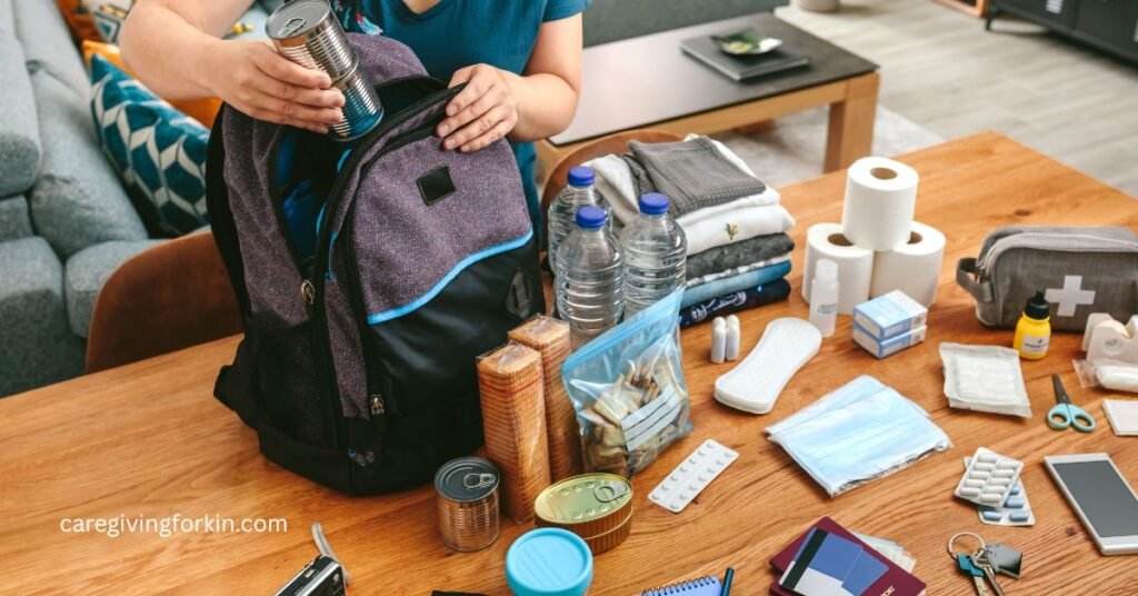 a woman putting together an emergency preparedness bag with essentials for her loved one.