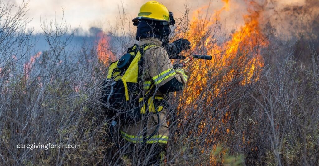 fireman walking into a field of tall grasses with a hose to put a wildfire out.