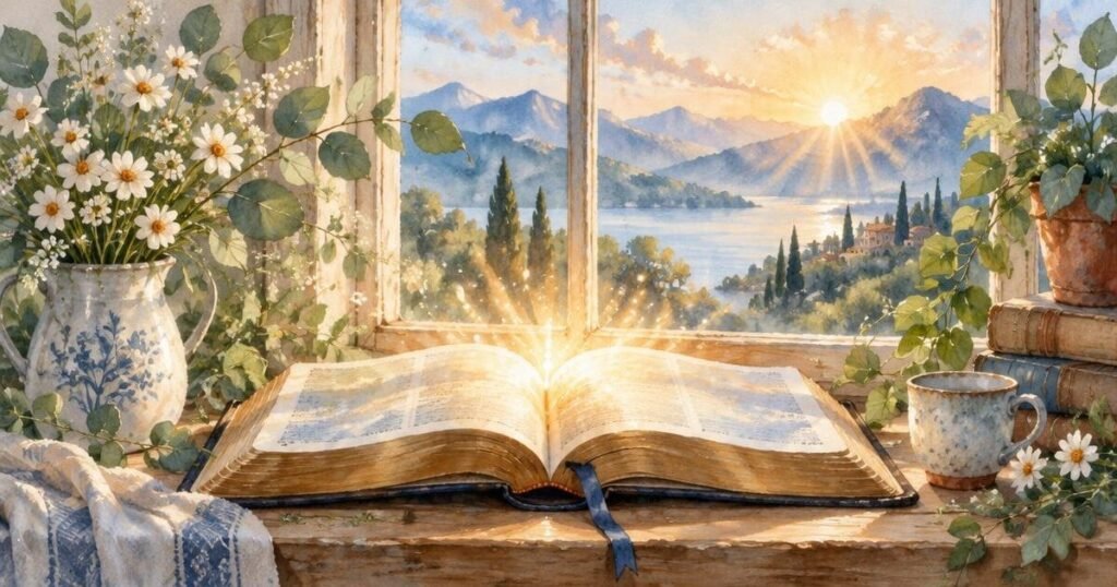 Bible laying open and flowers on a table in front of a window overlooking mountains and the sunrise.