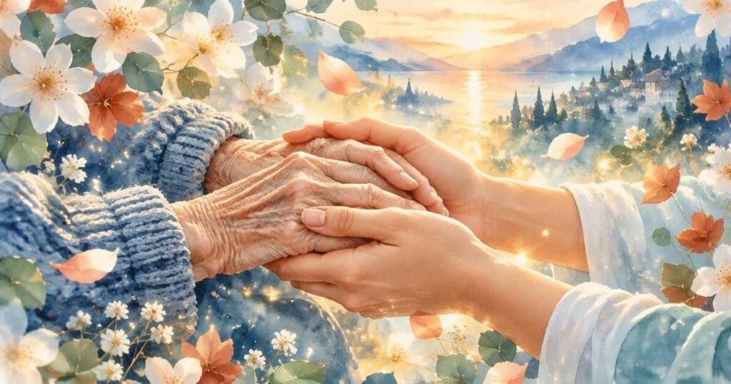 caregiver holding the hands of a loved one in need of help.