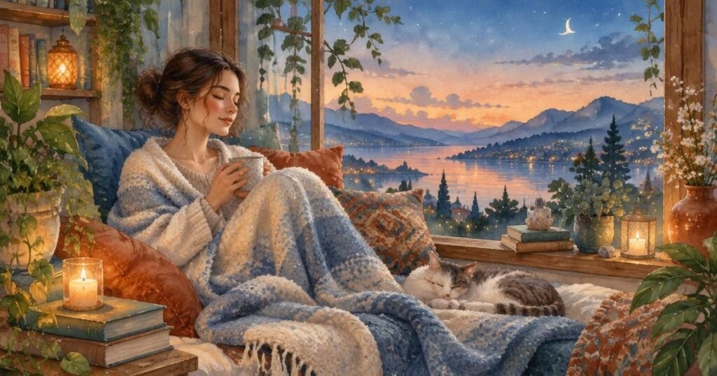 caregiver resting with a cup of tea under a blanket in a chair overlooking a lake and mountains at sunset.