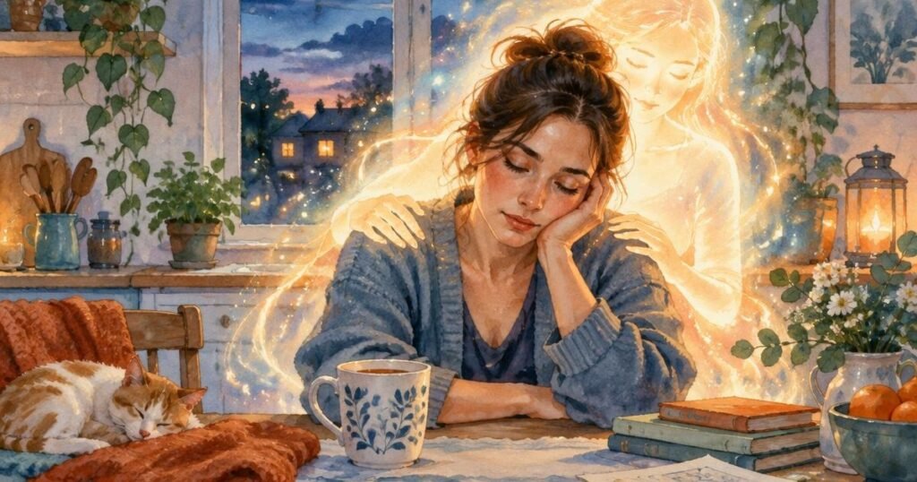 exhausted caregiver asleep at a table with a cup of coffee.