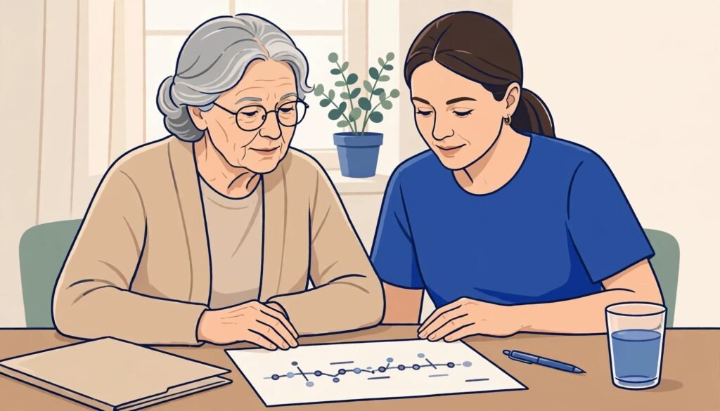 caregiving and older woman looking at a trend chart of urinary tract infections,