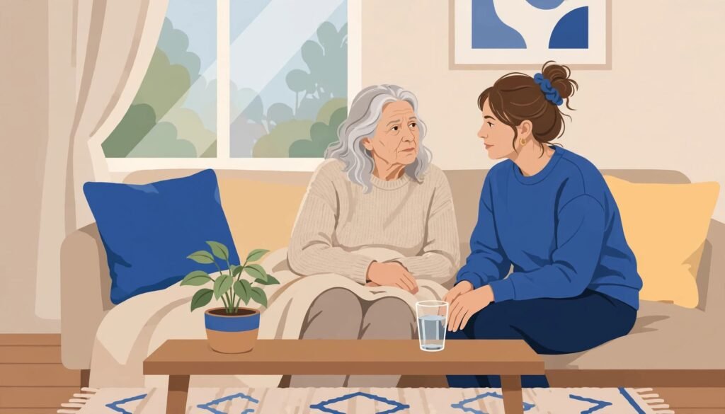 a caregiver sitting on the sofa with an older women who has another UTI.