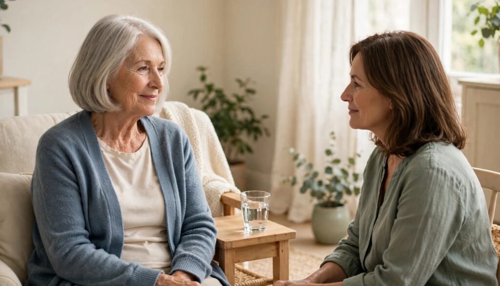 caregiver speaks gently to an older woman who is getting recurring UTIs.